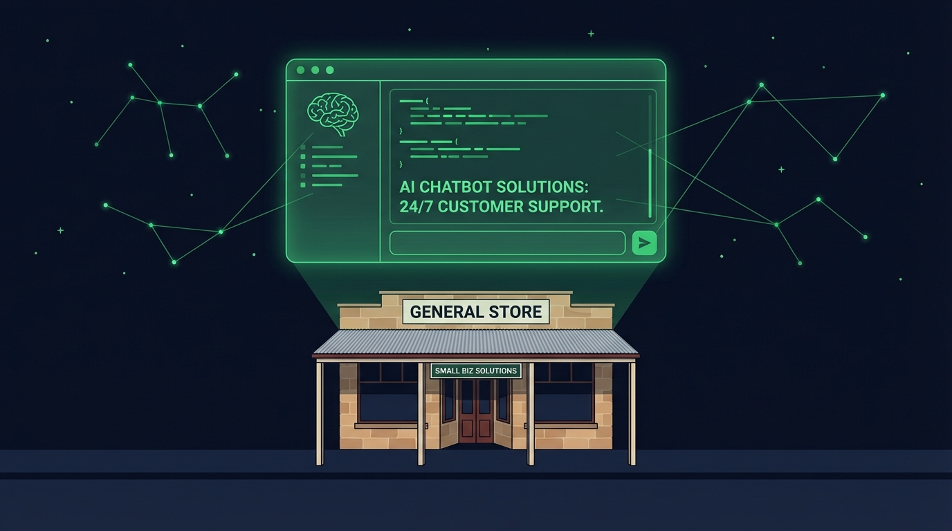 AI chatbot floating above a small business shopfront at night