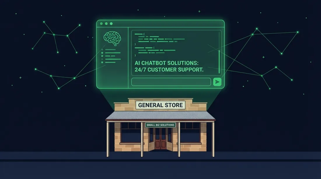 AI chatbot floating above a small business shopfront at night
