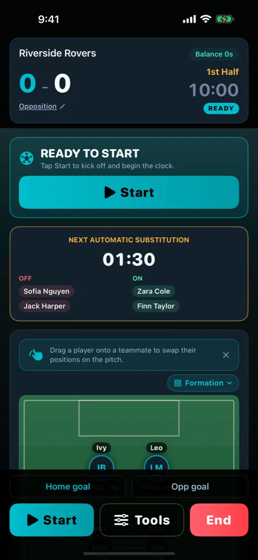 BenchBalancer iPhone game screen with player rotations