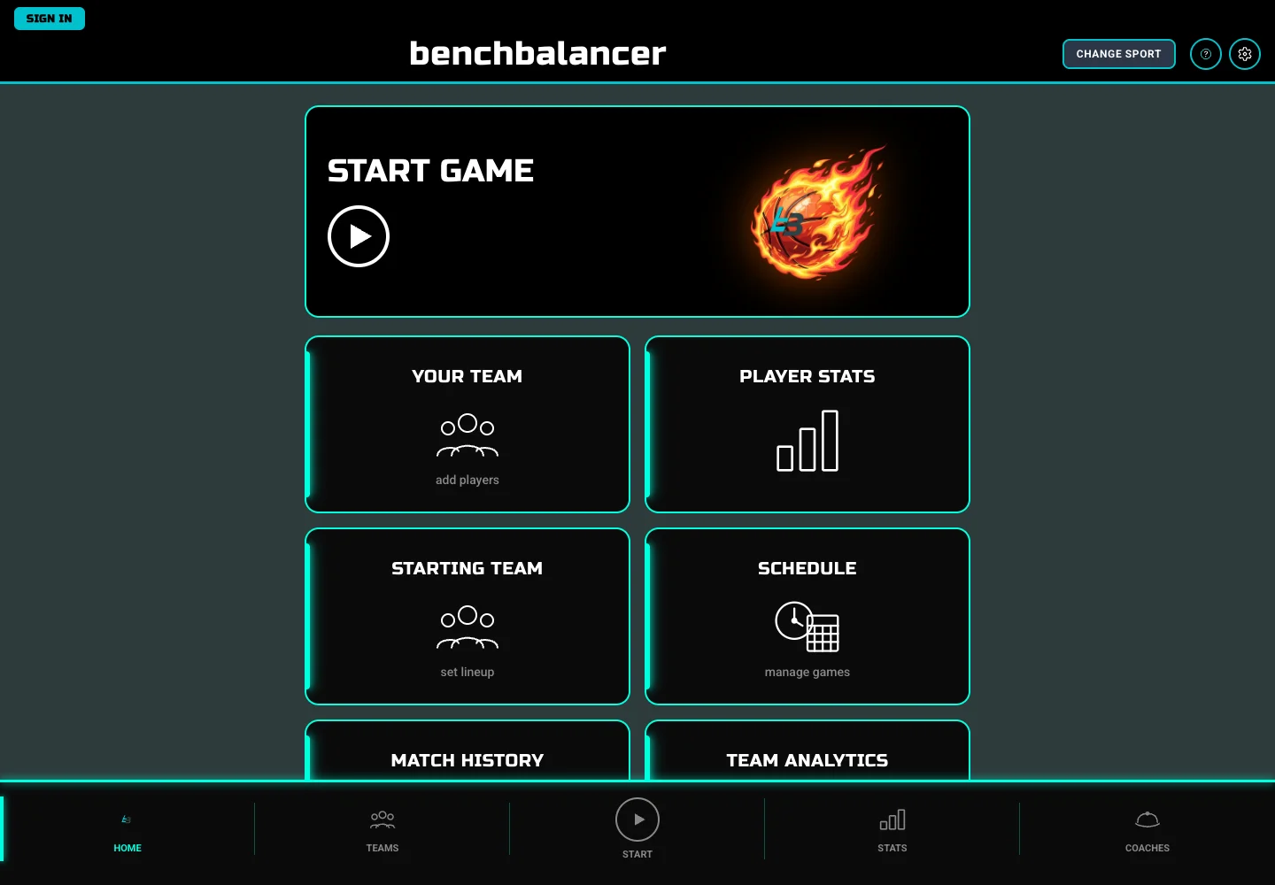 BenchBalancer live basketball web dashboard with team, lineup, schedule and player statistics controls