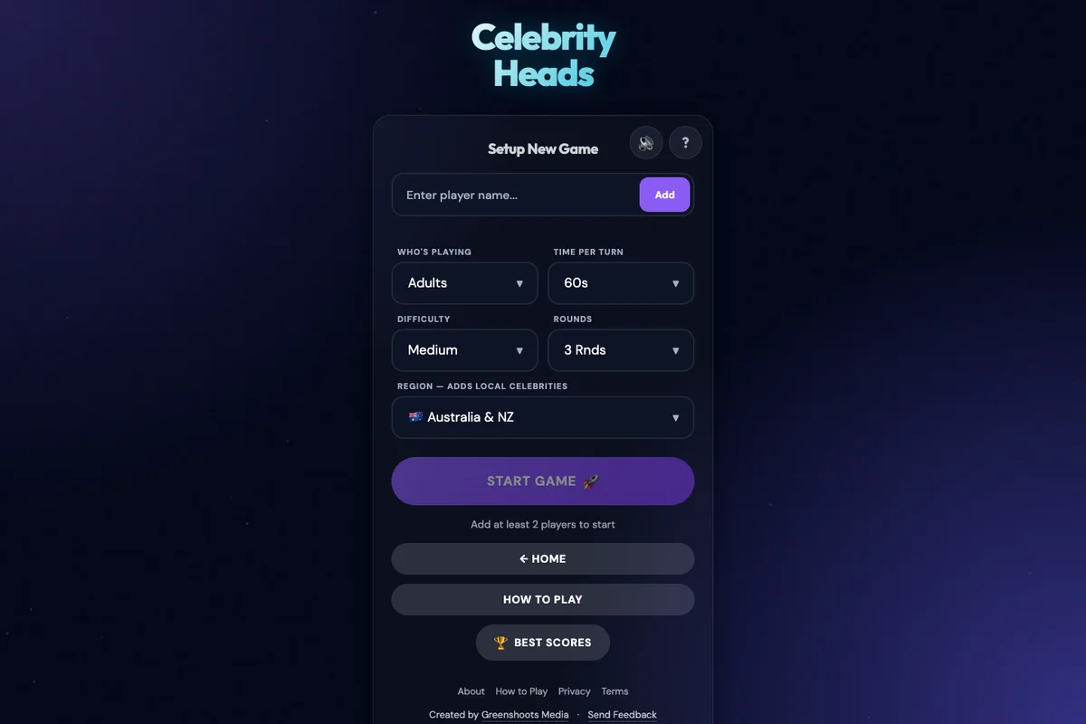 Celebrity Heads game setup with player, difficulty and timed round controls