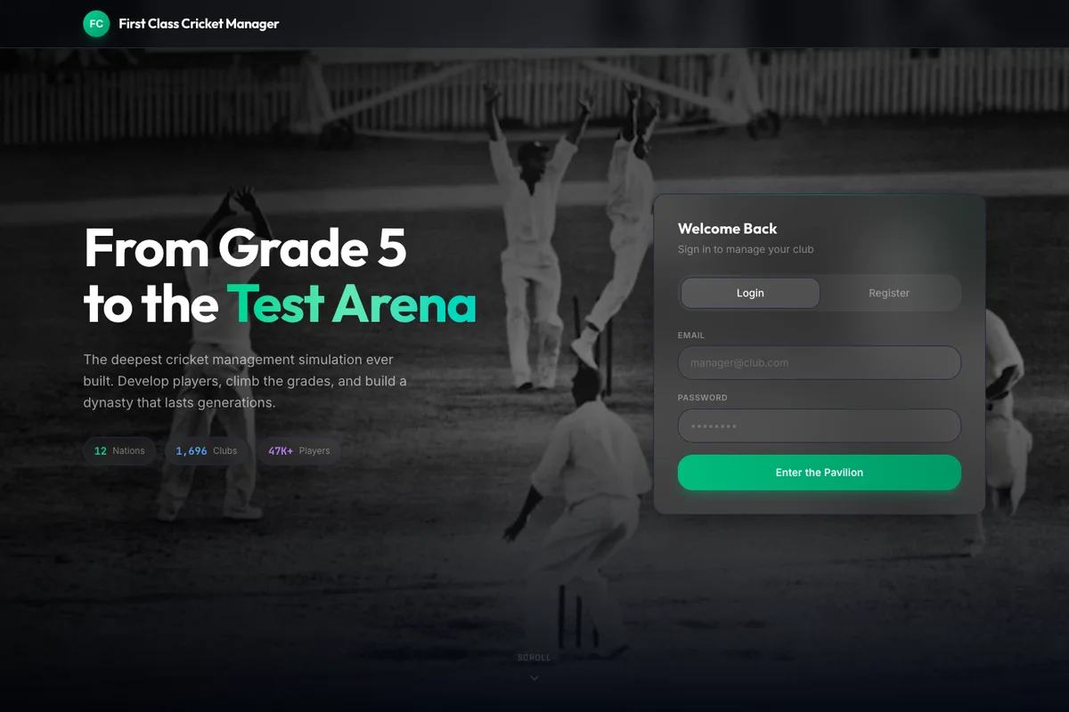 First Class Cricket Manager website preview showing the journey from club cricket to the Test arena