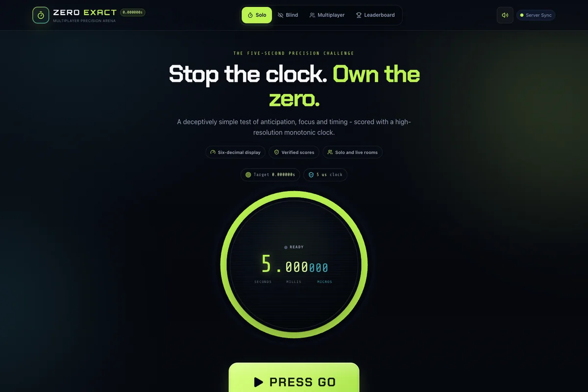 Zero Exact game with a five-second countdown and precision timer