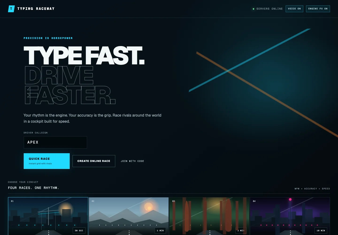 Typing Raceway live homepage showing quick races, online rooms and four circuits