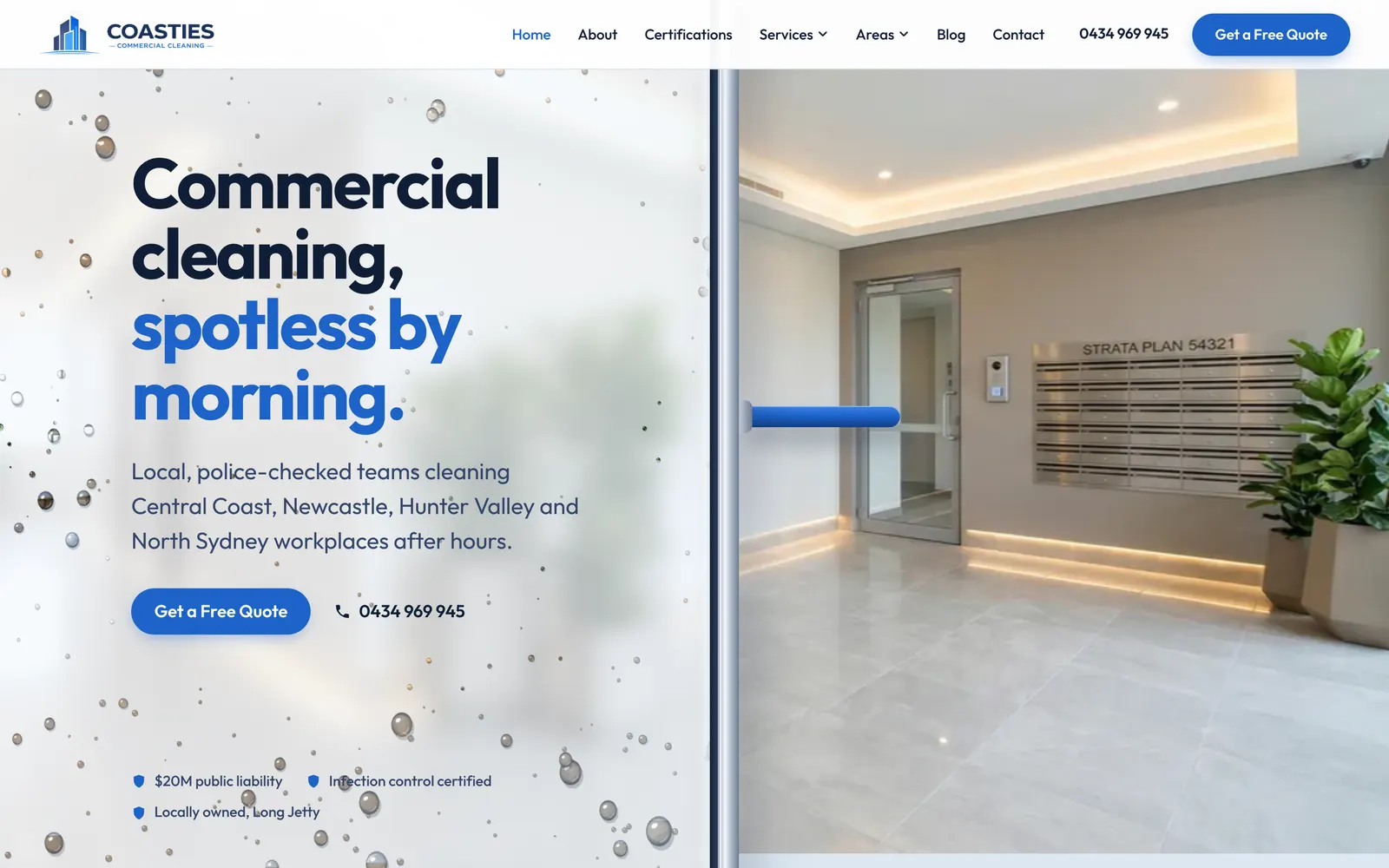 Coasties homepage with its window-cleaning reveal opening onto a polished foyer
