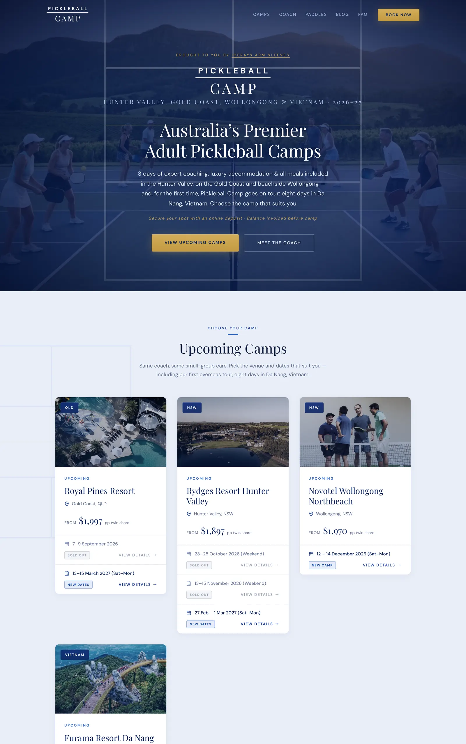 Current Pickleball Camp homepage with players on court and upcoming Australian and Vietnam camps