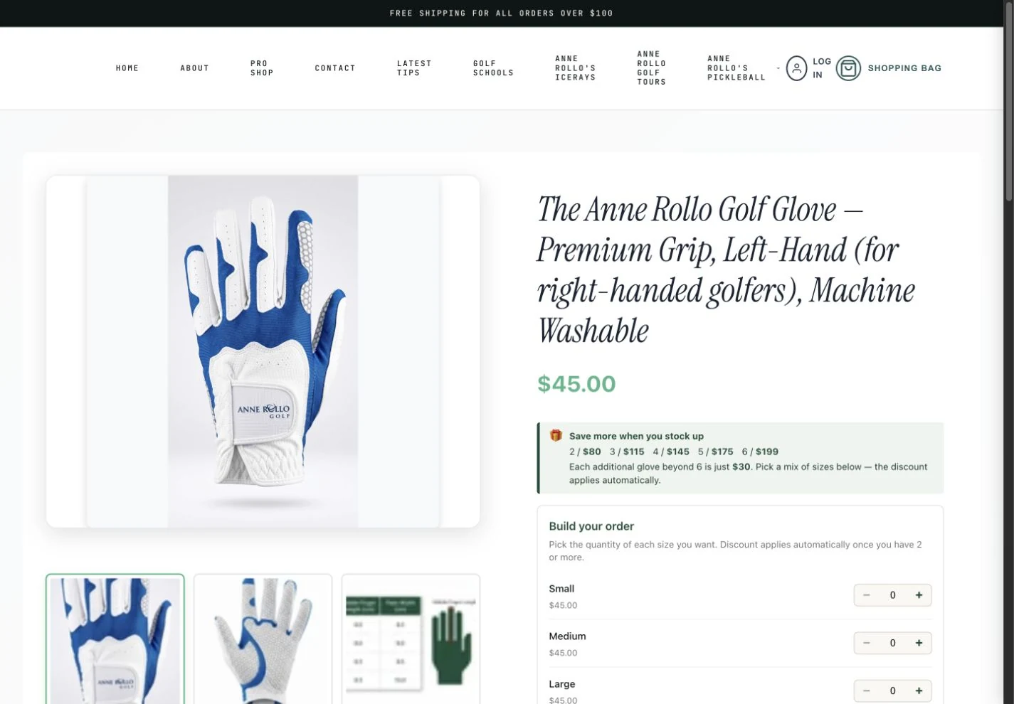 Anne Rollo Golf's glove product page with product photography, bundle savings and a size-by-size order builder