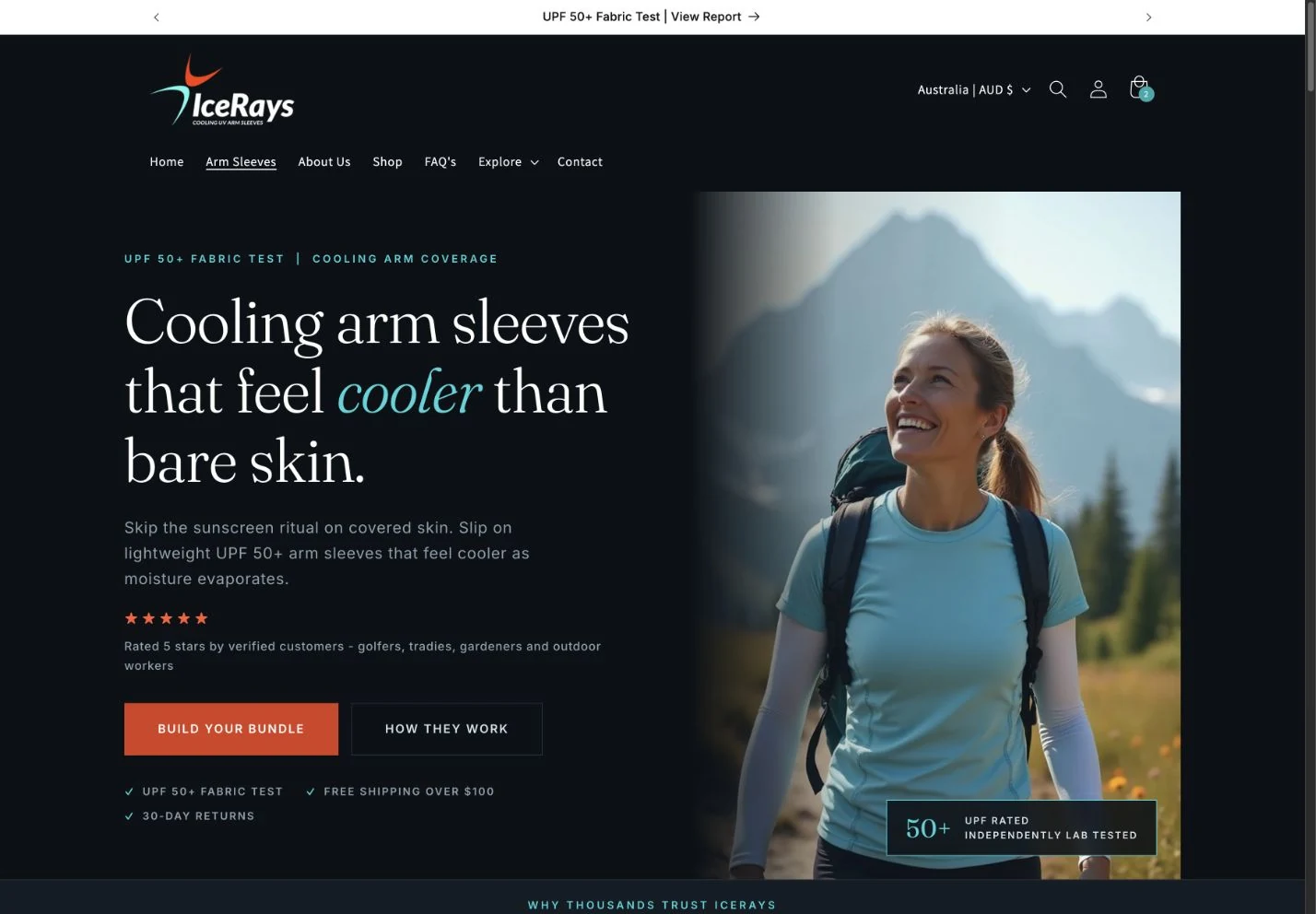 IceRays arm sleeves landing page with a hiker, product benefits and Build your bundle button