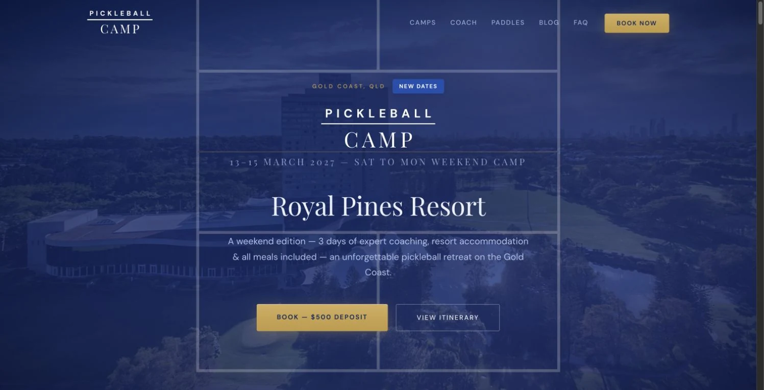 Royal Pines Pickleball Camp page with resort photography and its online deposit booking button