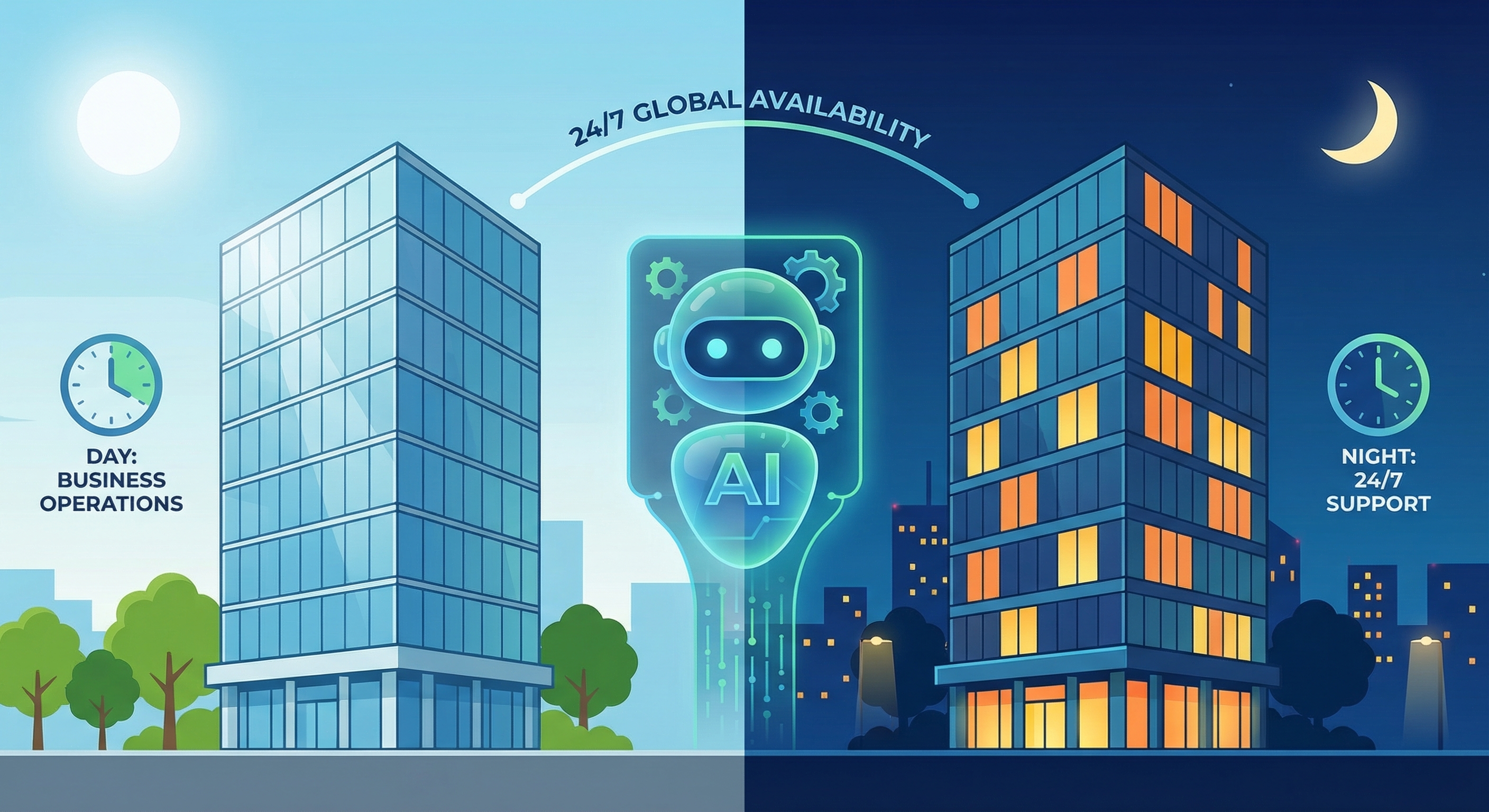 AI chatbot providing 24/7 customer support around the clock, day and night