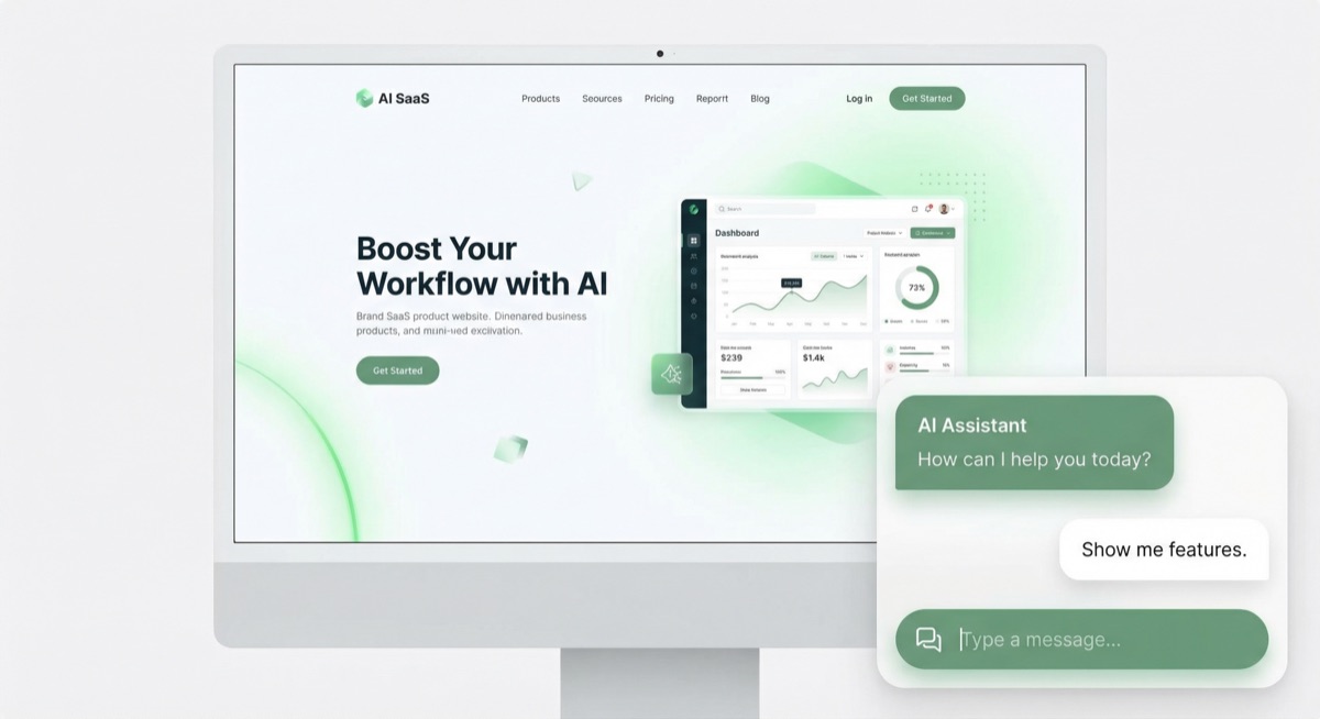 AI chatbot widget integrated into a modern business website, showing a live conversation with a customer