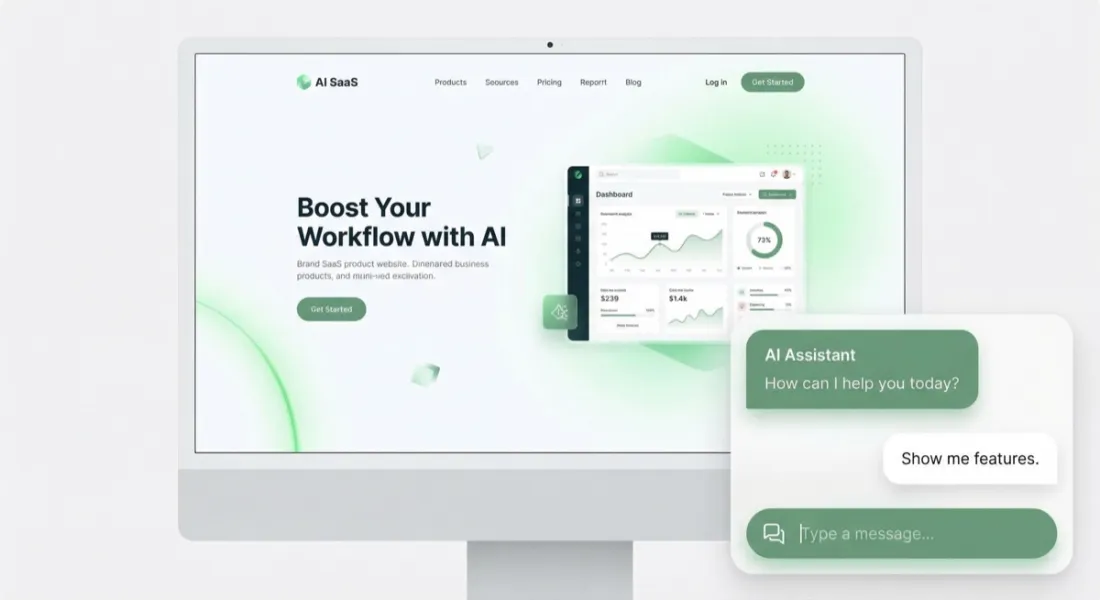 Smart chatbot widget integrated into a modern business website, showing a live conversation with a customer