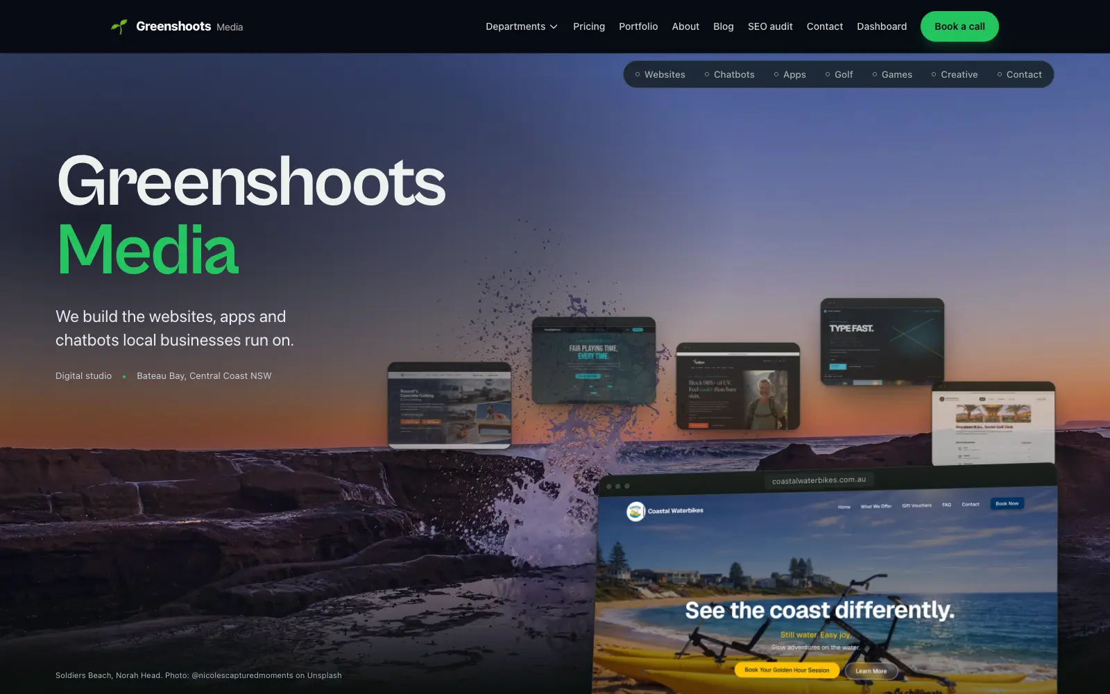 The Greenshoots Media homepage, the example site in this illustration