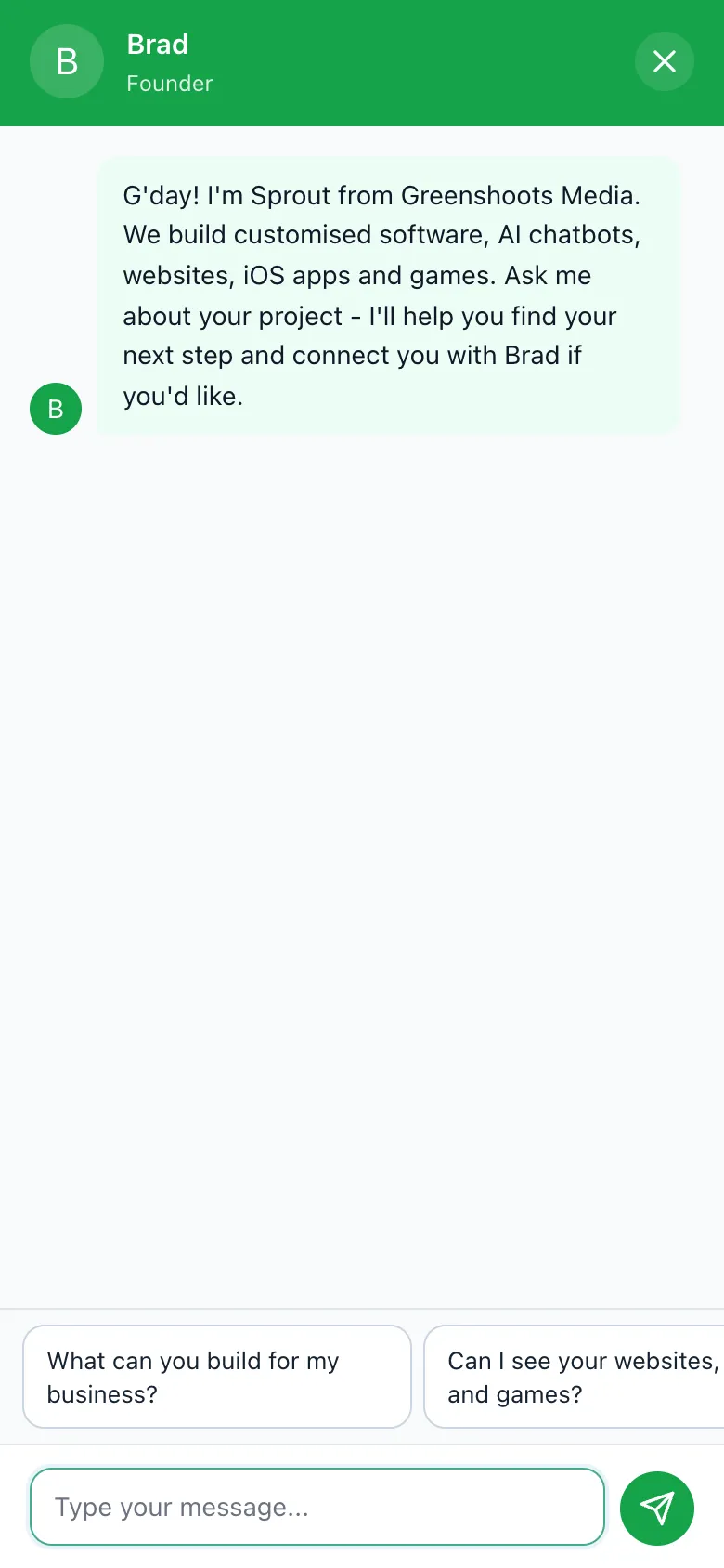 The same chatbot on a phone, full screen with suggested questions