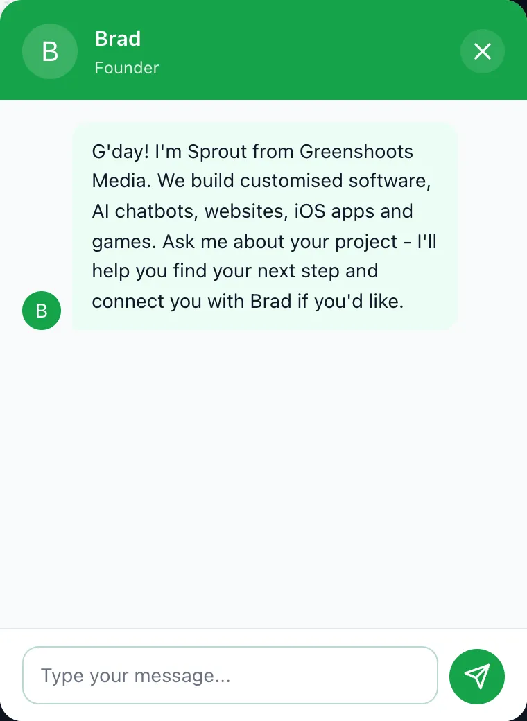 The Greenshoots chatbot widget open on a desktop screen, greeting a visitor