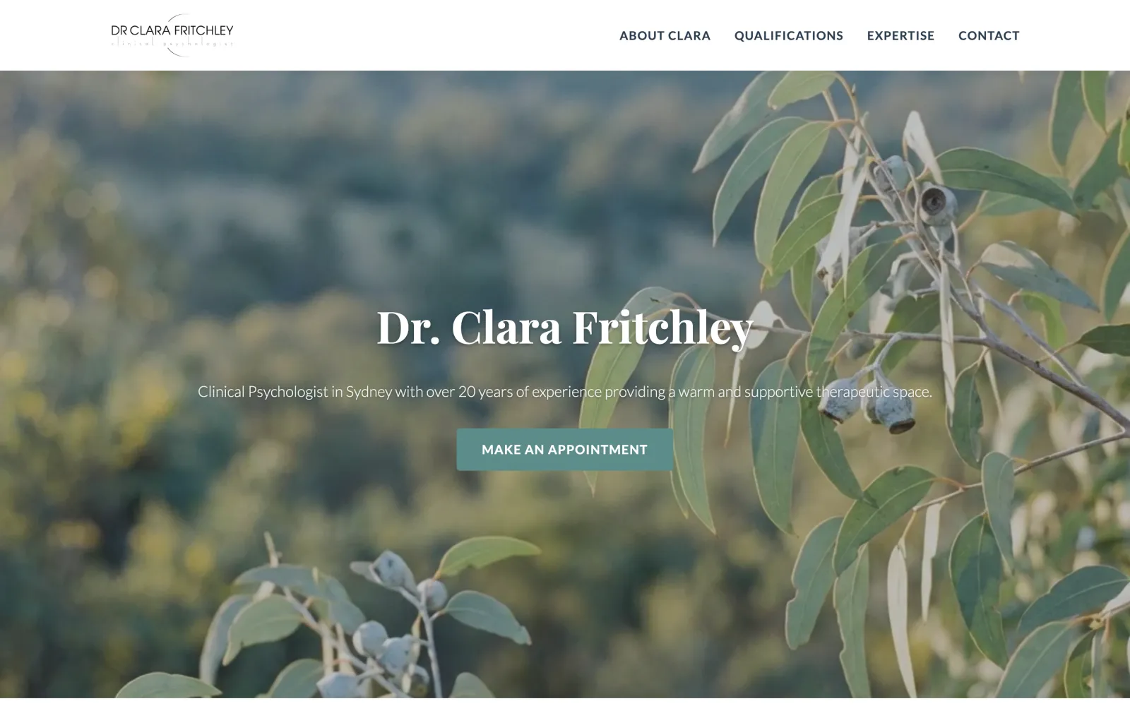 Dr Clara Fritchley, clinical psychologist, homepage with native gum leaves