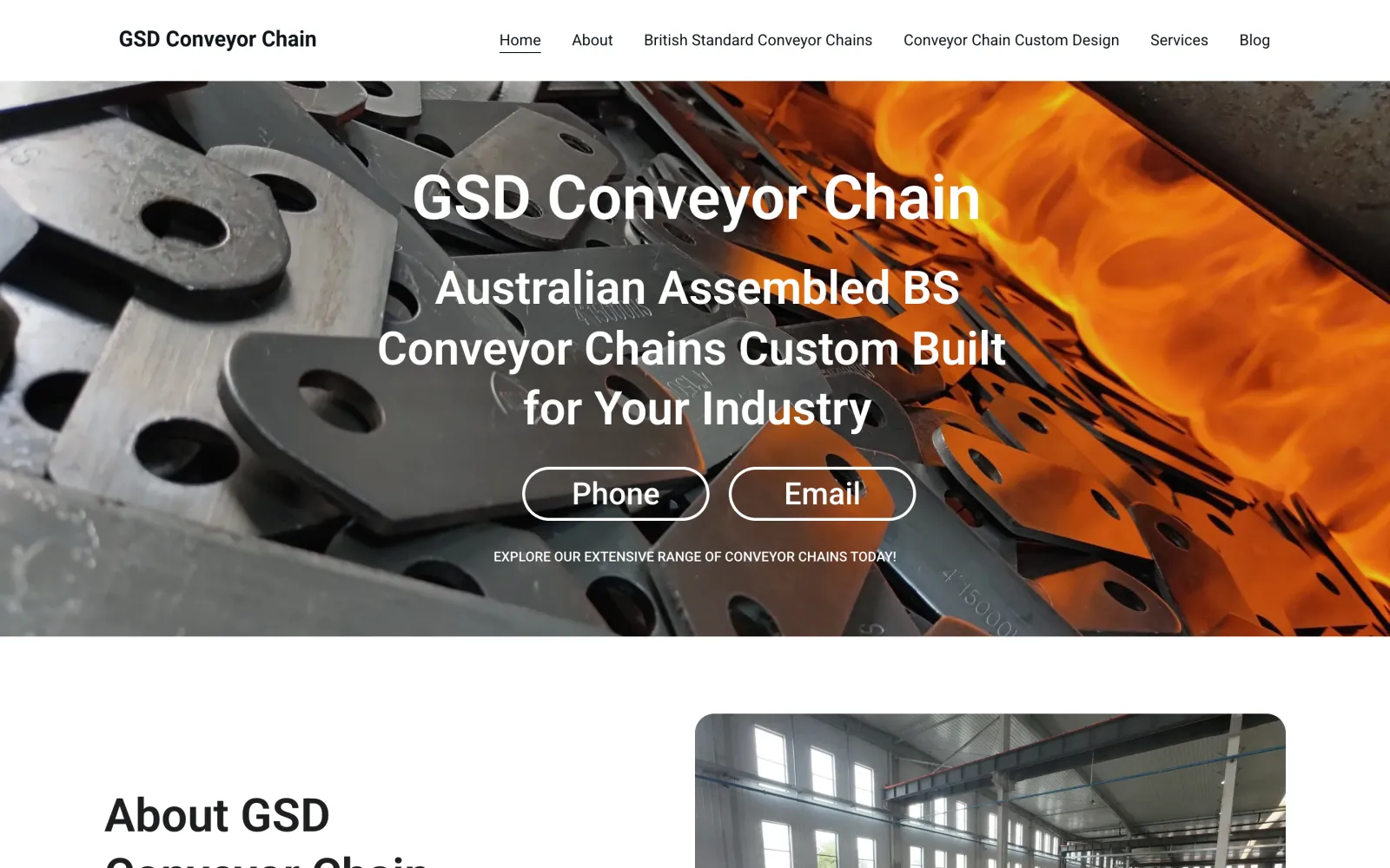 GSD Conveyor Chain homepage with close-up chain links