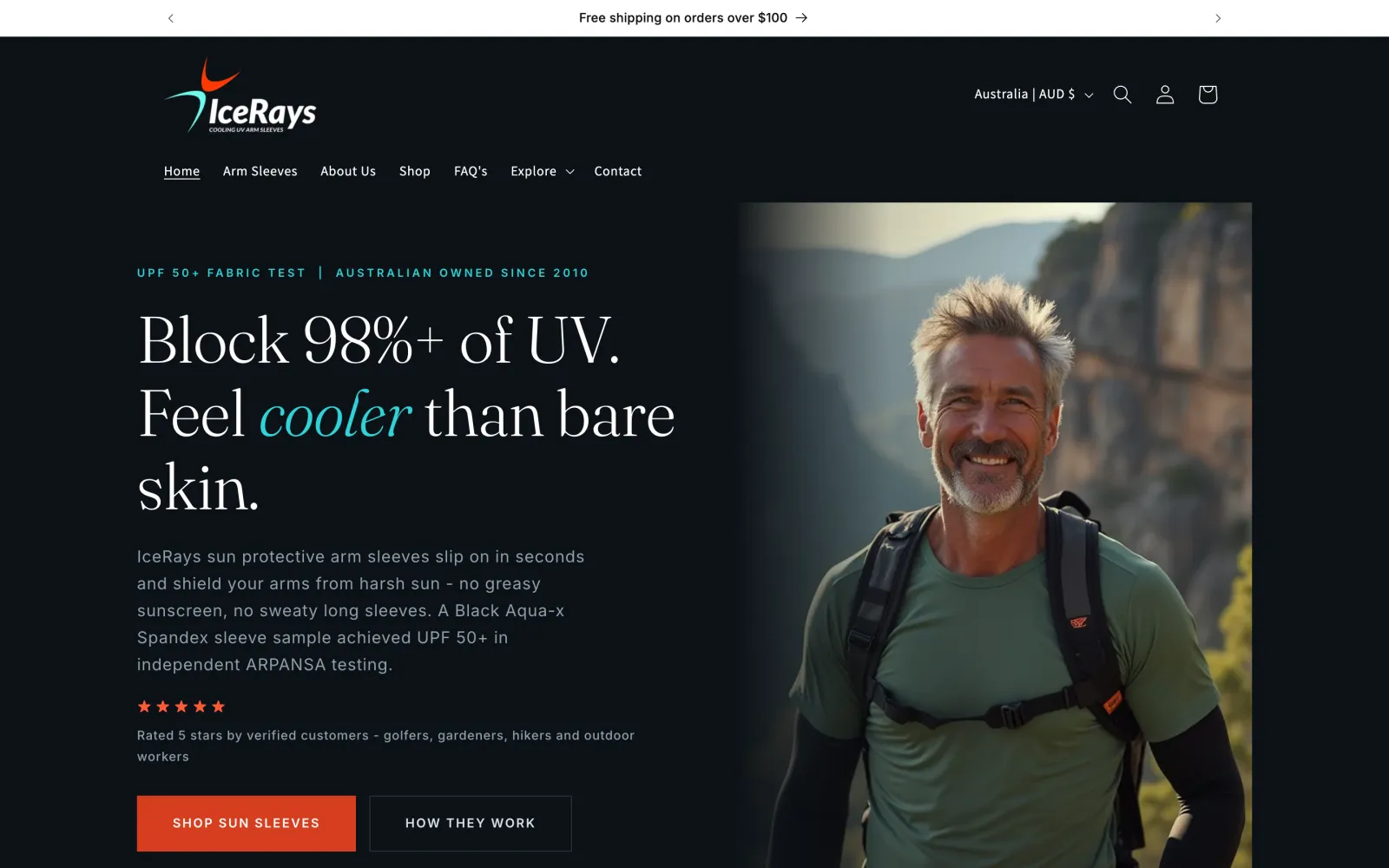 IceRays store homepage: Block 98 per cent of UV, feel cooler than bare skin