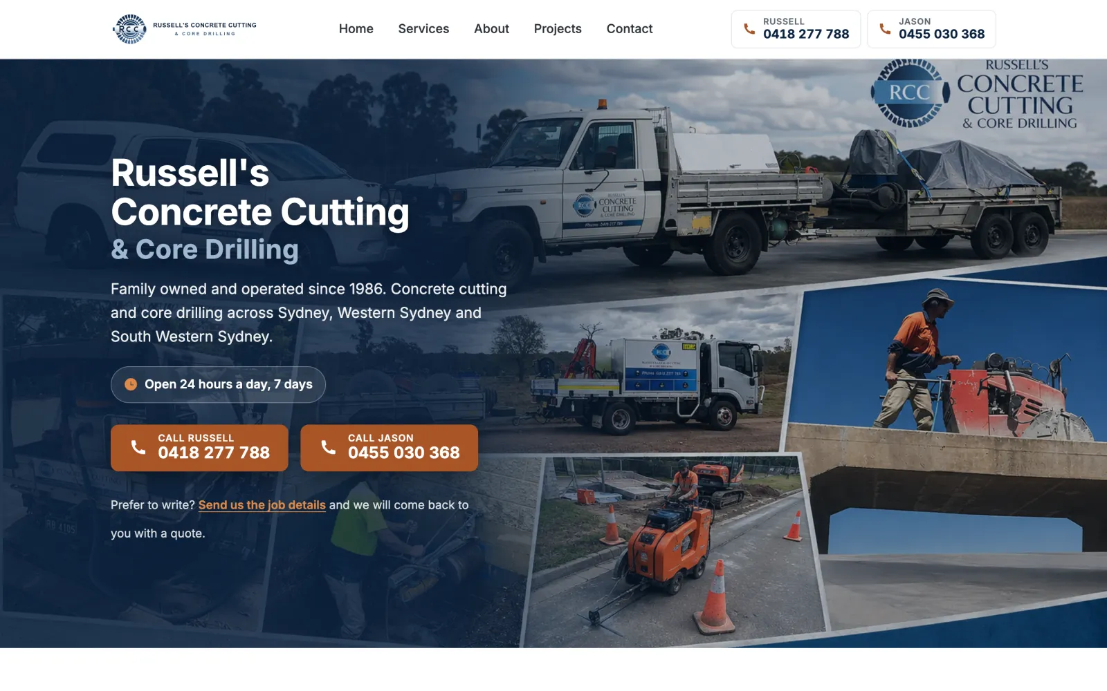 Russells Concrete Cutting homepage with their trucks and crew